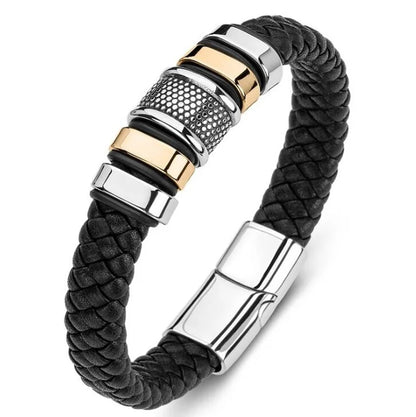 Black braided leather bracelet with silver and gold accents on a white background