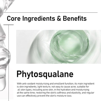 Product with green gel-like substance and text about Phytosqualane benefits on a white background