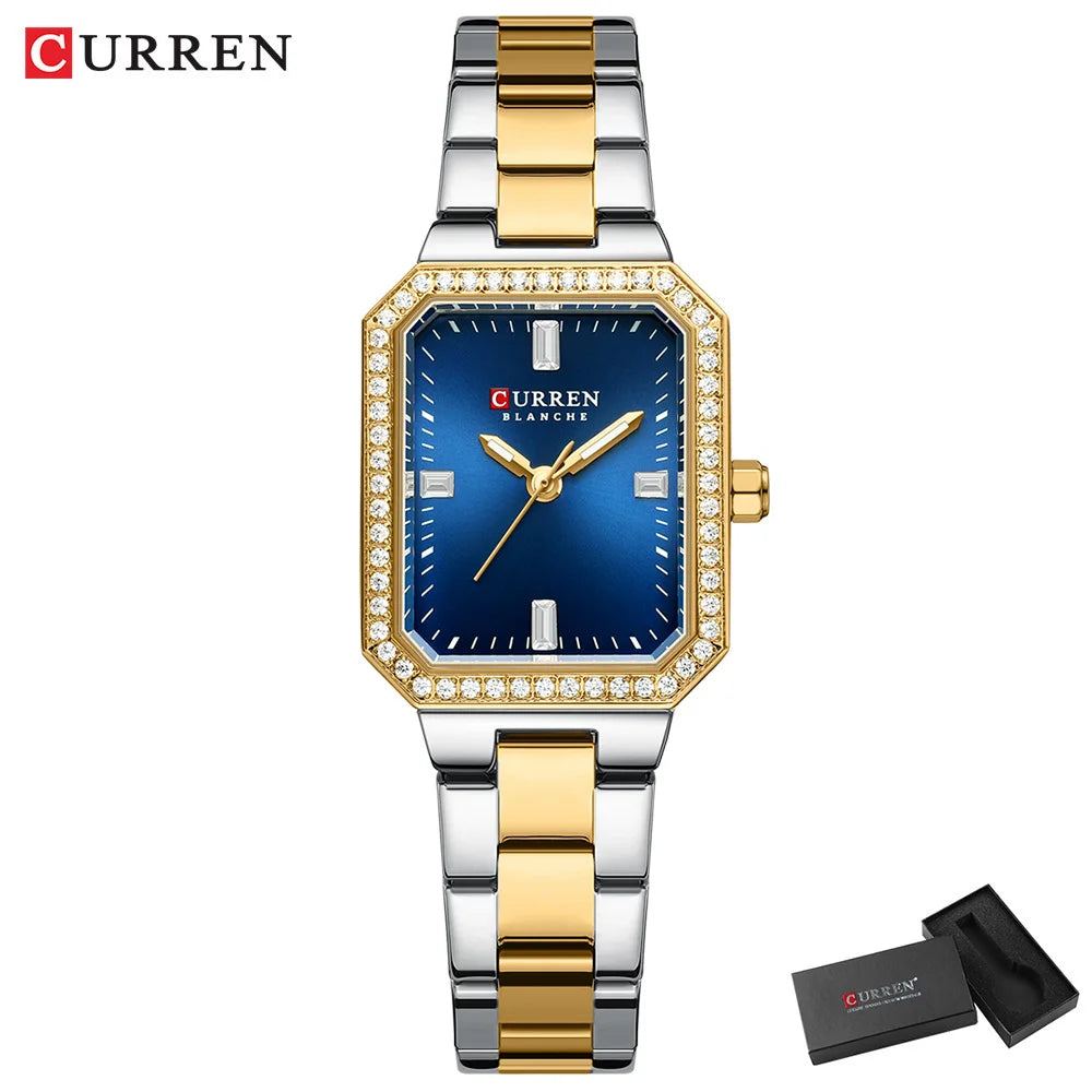 Gold and silver watch with blue face on a white background, featuring the Curren brand.