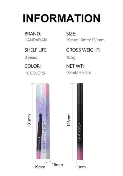 Product information card with dimensions, weight, and color options for a cosmetic item.