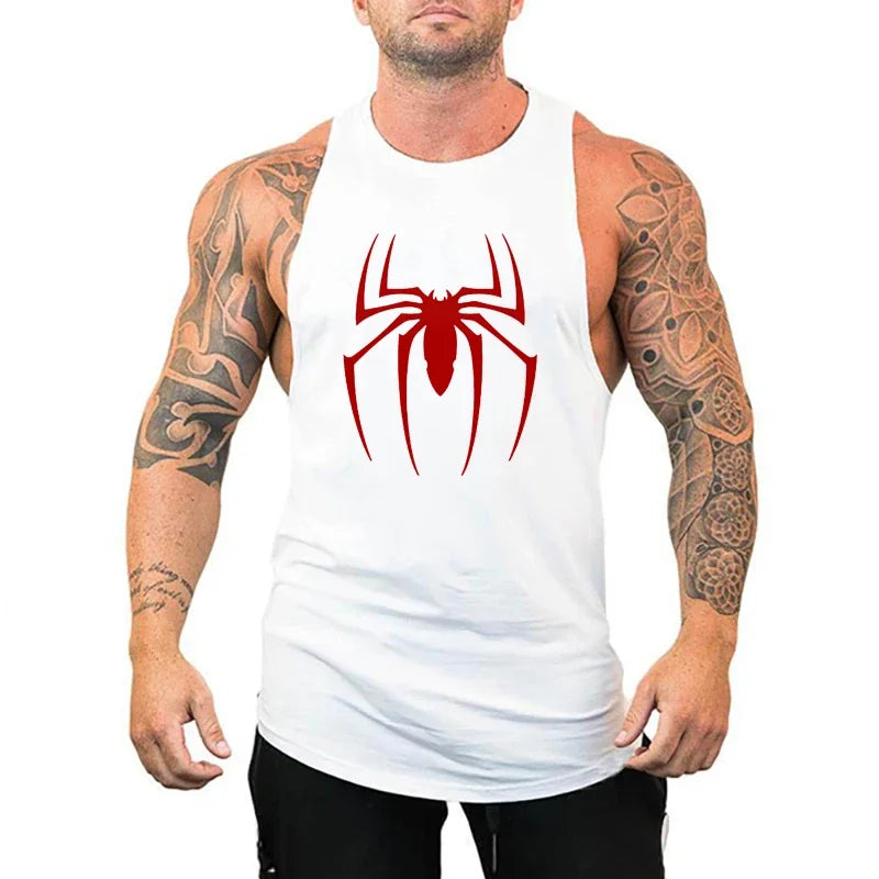 Man wearing a white tank top with a red spider logo on a white background
