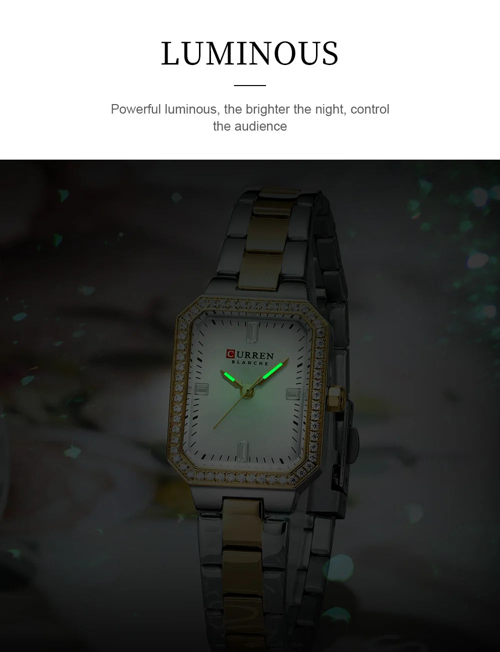 Luminous watch with glowing face on a dark background