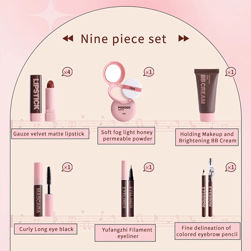 Nine-piece makeup set with product illustrations and names on a pink background