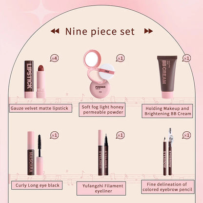 Nine-piece makeup set with product illustrations and names on a pink background