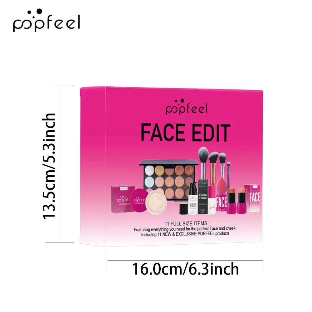 Popfeel Face Edit makeup kit packaging with dimensions on a white background