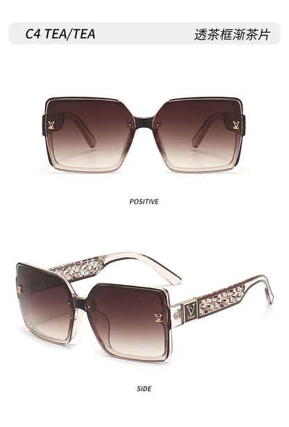 Sunglasses with gradient lenses and decorative elements on a white background
