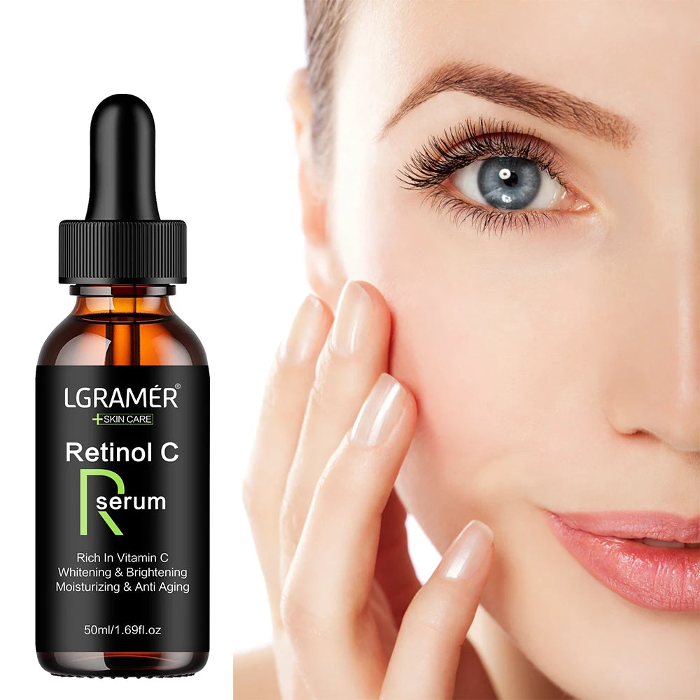 LGAMER Retinol C serum bottle with a close-up of a woman's face.