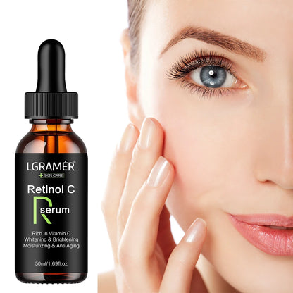 LGAMER Retinol C serum bottle with a close-up of a woman's face.