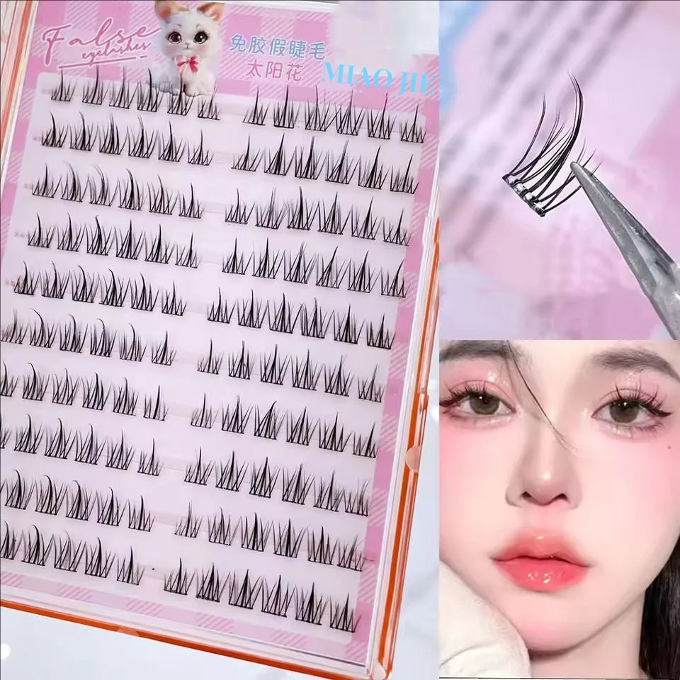 False eyelashes packaging with a pair of tweezers and a model wearing the false eyelashes.