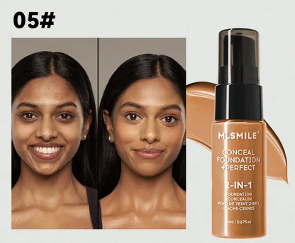 Before and after comparison of a woman's face with concealer foundation and a bottle of MLSMILE product.