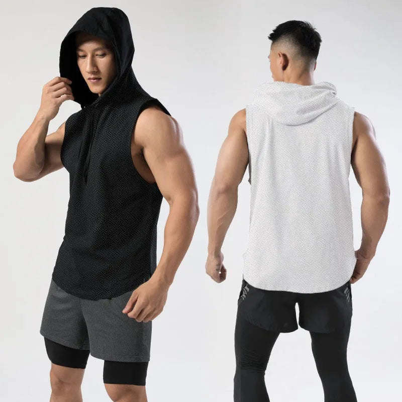 Two men modeling sleeveless hoodies, one black and one white, on a plain background.