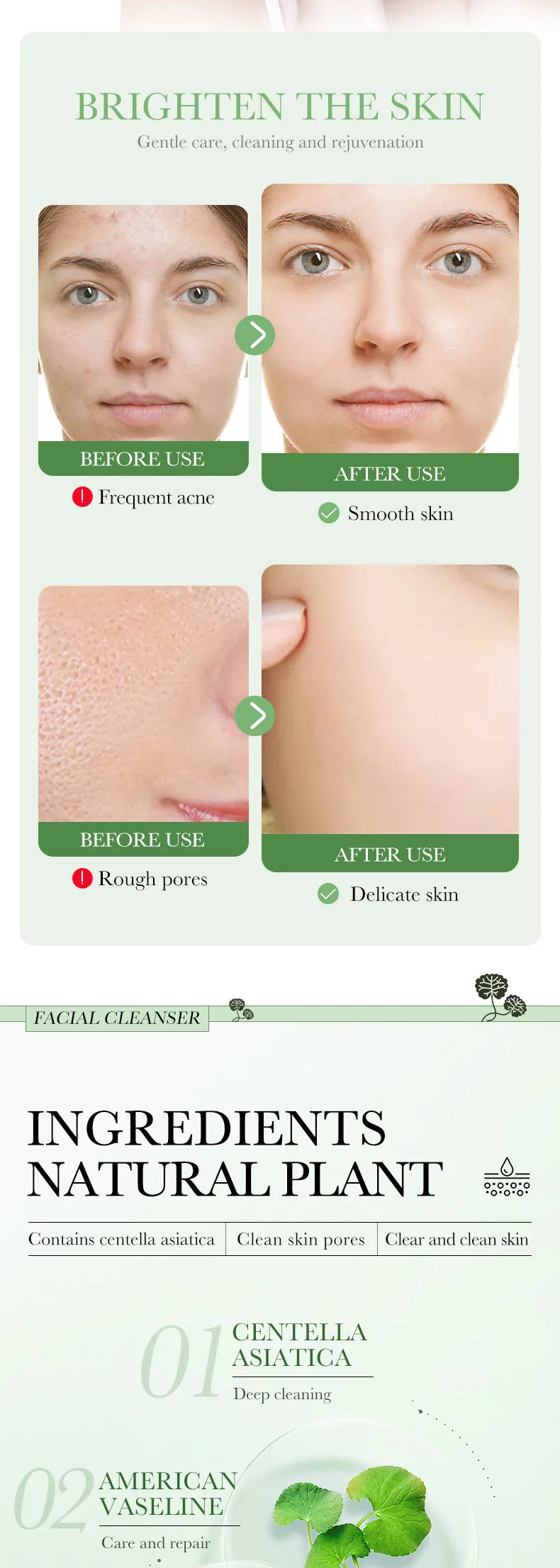 Cosmetic product advertisement showing before and after effects on skin with natural plant ingredients.
