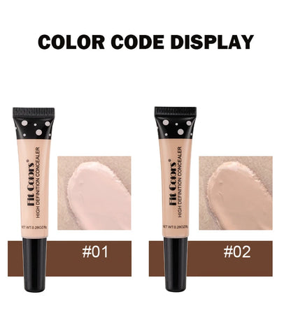 Two tubes of high definition concealer with color swatches below on a white background
