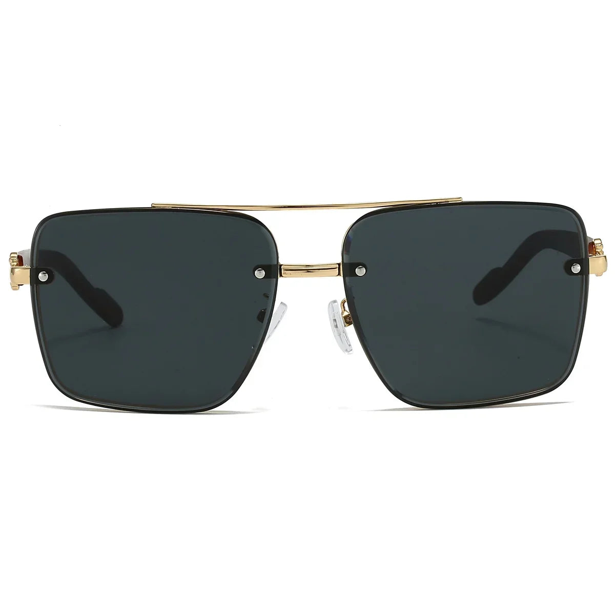 Sunglasses with gold frame and dark lenses on a white background