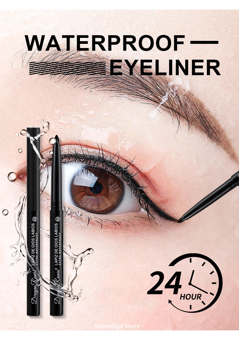 Waterproof eyeliner product with an eye close-up and '24 hour' guarantee on a beige background.