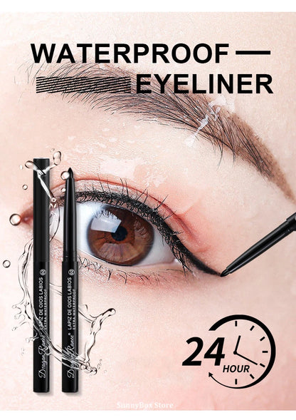 Waterproof eyeliner product with an eye close-up and '24 hour' guarantee on a beige background.