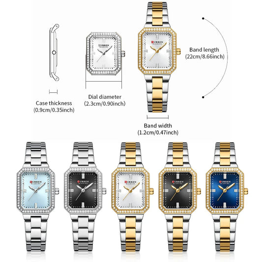 Collection of women's watches with detailed specifications on a white background