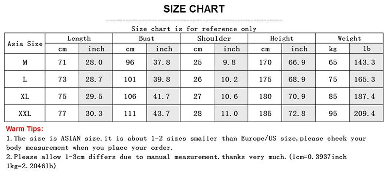 Size chart for clothing measurements with text and tables.