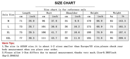 Size chart for clothing measurements with text and tables.