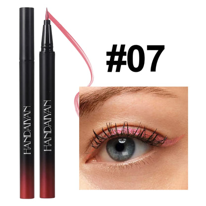 Makeup pen with pink liquid, close-up of eye wearing pink eyeliner, and brand name 'HANDAIVAN'.