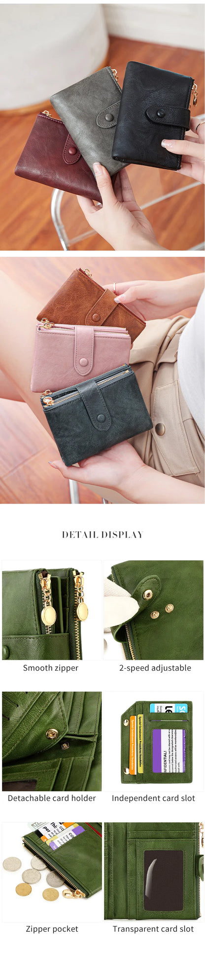 Collage of wallets in various colors held by hands, with close-ups of features.