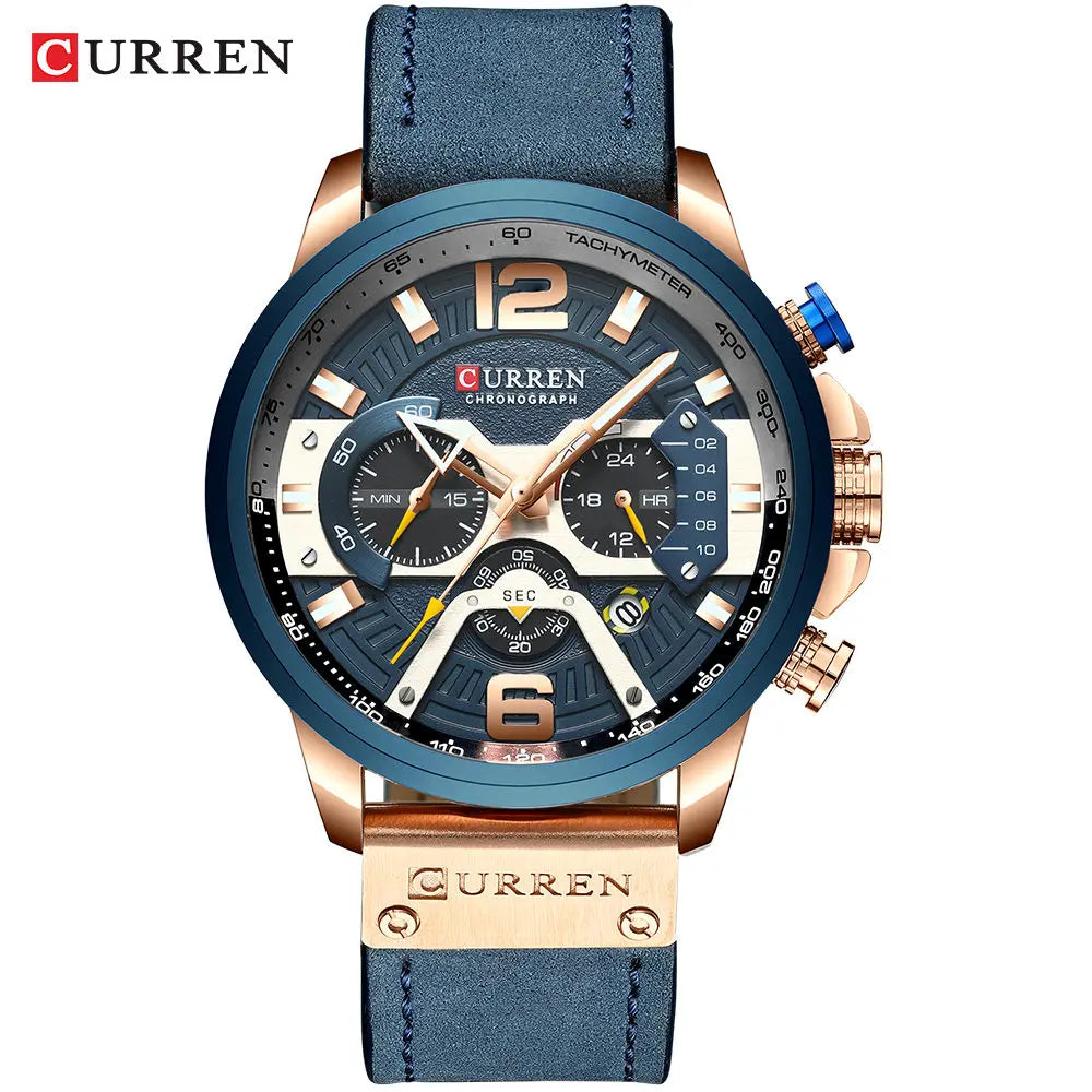 Curren watch with blue strap and rose gold case on a white background