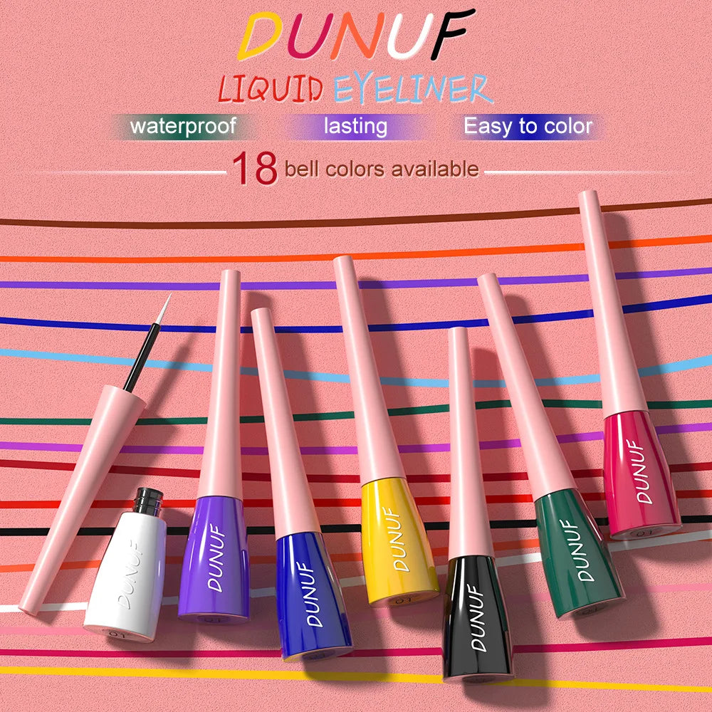 DUNUF liquid eyeliner set with colorful caps on a pink background