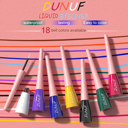 DUNUF liquid eyeliner set with colorful caps on a pink background