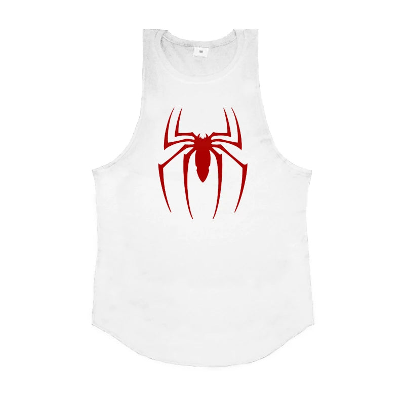 White tank top with a red spider graphic on a white background