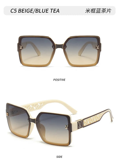 Sunglasses with beige frame and gradient lenses on a white background