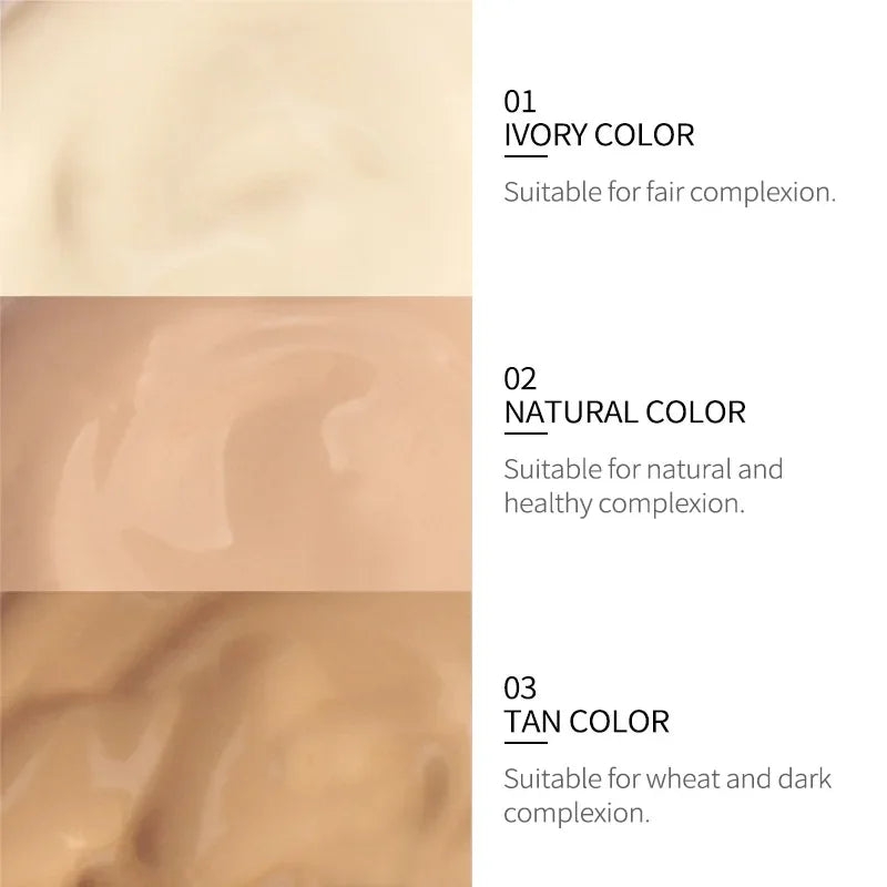 Three beige color swatches labeled 'Ivory', 'Natural', and 'Tan' with text on skin tones.
