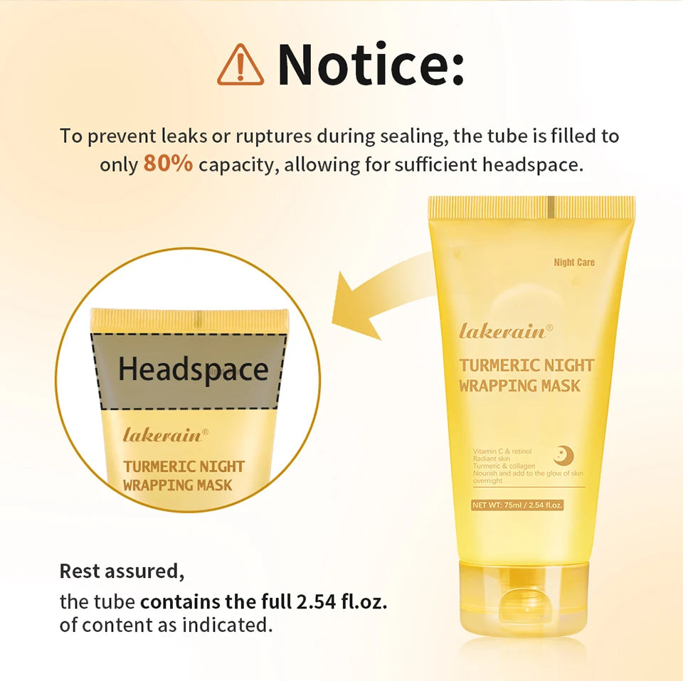 Lakerain Turmeric Night Wrapping Mask tube with headspace illustration and text about capacity.