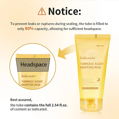 Lakerain Turmeric Night Wrapping Mask tube with headspace illustration and text about capacity.