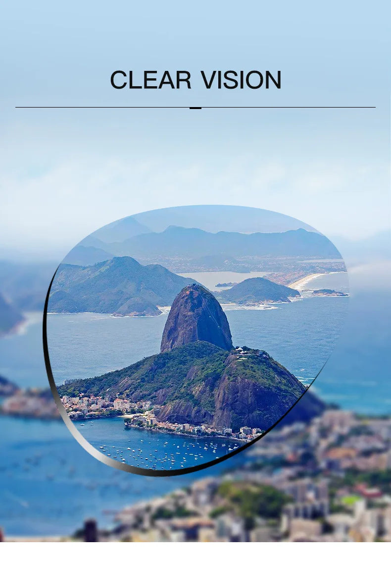 View of a mountain and coastal area through a lens with 'Clear Vision' text.