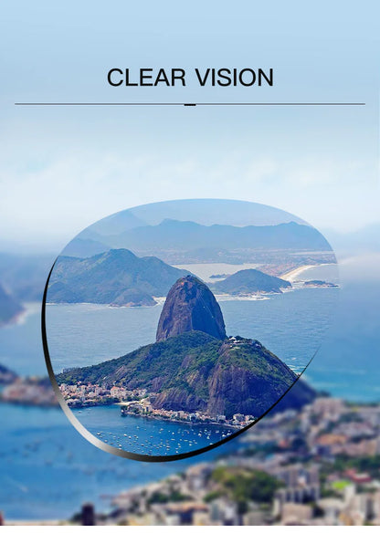 View of a mountain and coastal area through a lens with 'Clear Vision' text.