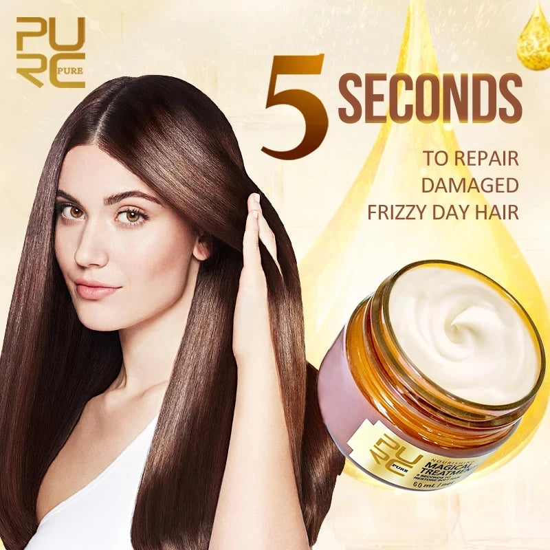 Woman with long hair next to a jar of hair treatment product with text '5 Seconds to Repair Damaged Frizzy Day Hair'.
