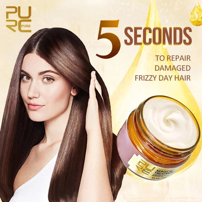 Woman with long hair next to a jar of hair treatment product with text '5 Seconds to Repair Damaged Frizzy Day Hair'.