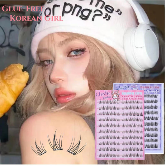 Person wearing headphones with text overlay and a product package of false eyelashes.