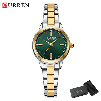 Curren watch with green face and gold accents on a white background