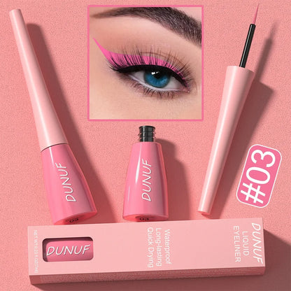 DUNUF liquid eyeliner set with packaging on a pink background