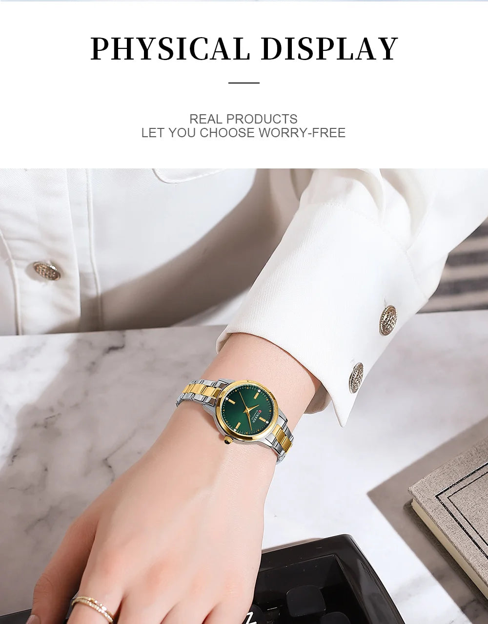 Person wearing a gold and green watch on a marble surface with text about product display.
