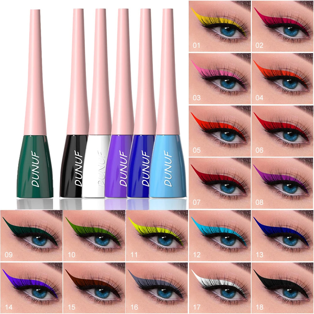 DUNUF eyeliner pens with color options and corresponding eye makeup looks.