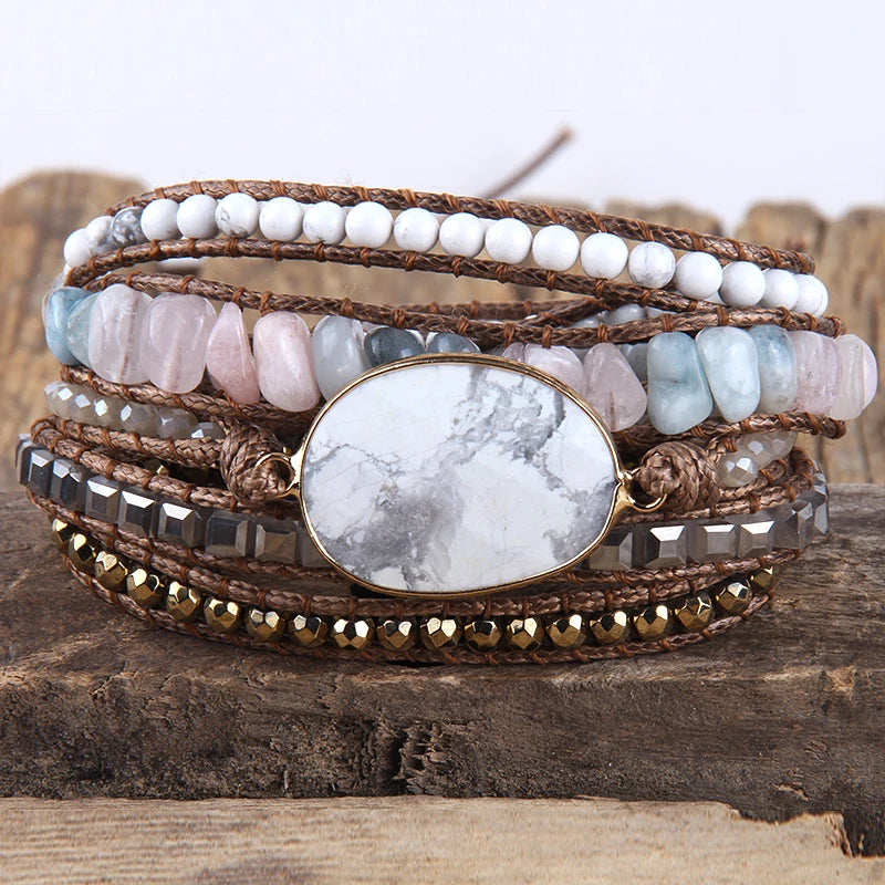 Multistrand bracelet with stones and beads on a wooden surface