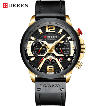 Curren watch with black and gold design on a white background