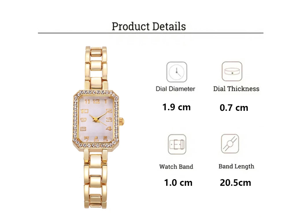 Gold wristwatch with product details on a white background
