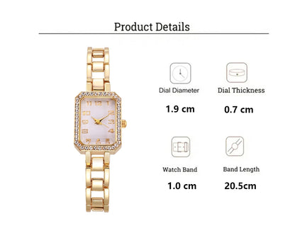 Gold wristwatch with product details on a white background