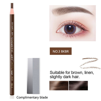 Cosmetic brow pencil with an eye, comb, and hair color swatches on a white background