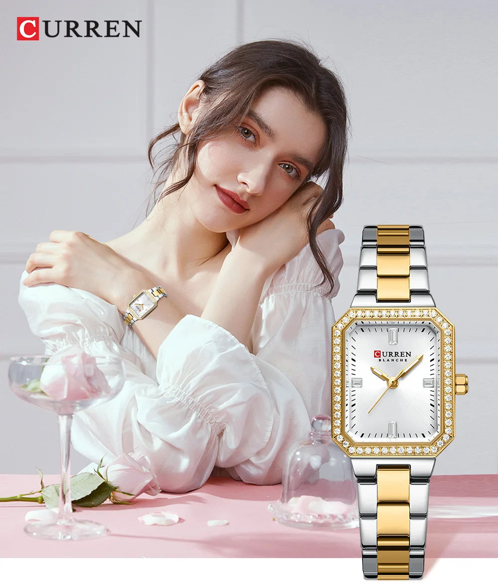 Woman wearing a Curren watch with a close-up of the watch on a pink surface.