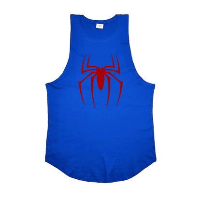 Blue tank top with a red spider logo on a white background