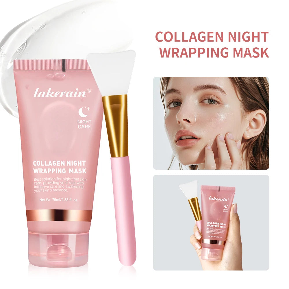 Collagen night wrapping mask with applicator and promotional images on a white background